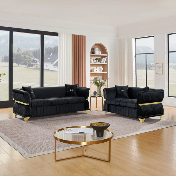 English Elm 2 Piece Blush Velvet Chesterfield Sofa Set Tufted Living Room Couch with Gold Trim Black W1191S00156
