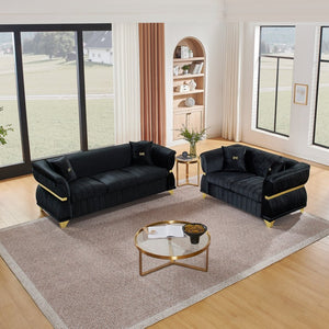English Elm 2 Piece Blush Velvet Chesterfield Sofa Set Tufted Living Room Couch with Gold Trim Black W1191S00156