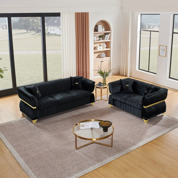English Elm 2 Piece Blush Velvet Chesterfield Sofa Set Tufted Living Room Couch with Gold Trim Black W1191S00156