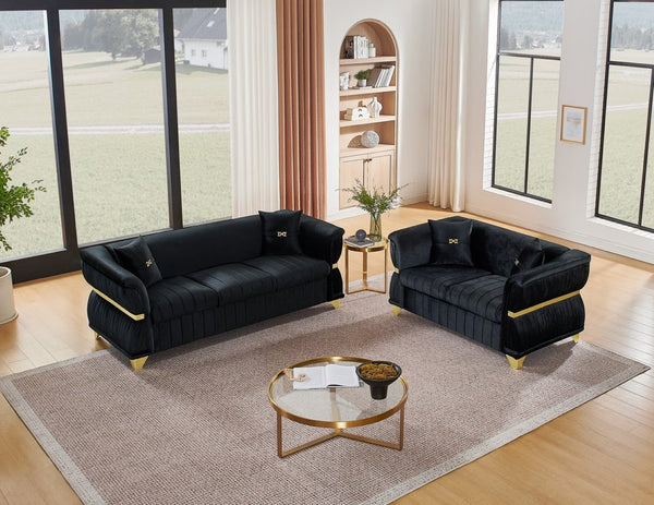 English Elm 2 Piece Blush Velvet Chesterfield Sofa Set Tufted Living Room Couch with Gold Trim Black W1191S00156