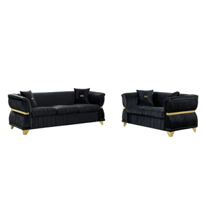 English Elm 2 Piece Blush Velvet Chesterfield Sofa Set Tufted Living Room Couch with Gold Trim Black W1191S00156