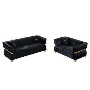 English Elm 2 Piece Blush Velvet Chesterfield Sofa Set Tufted Living Room Couch with Gold Trim Black W1191S00156