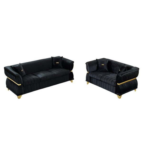English Elm 2 Piece Blush Velvet Chesterfield Sofa Set Tufted Living Room Couch with Gold Trim Black W1191S00156