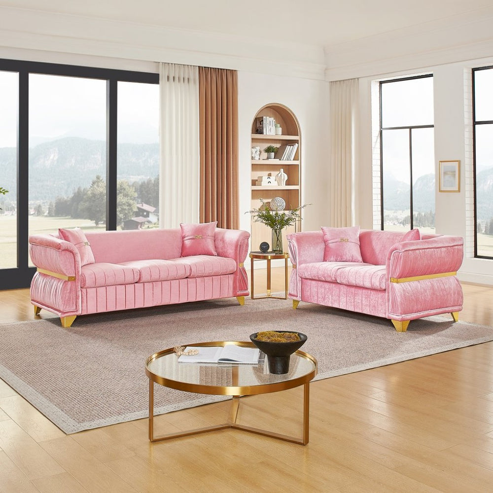 English Elm 2 Piece Blush Velvet Chesterfield Sofa Set Tufted Living Room Couch with Gold Trim Pink W1191S00157
