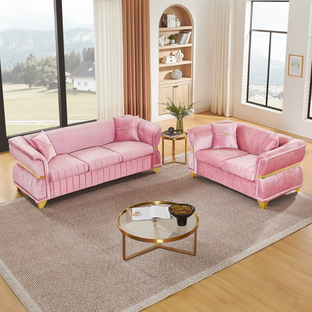 English Elm 2 Piece Blush Velvet Chesterfield Sofa Set Tufted Living Room Couch with Gold Trim Pink W1191S00157