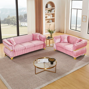English Elm 2 Piece Blush Velvet Chesterfield Sofa Set Tufted Living Room Couch with Gold Trim Pink W1191S00157