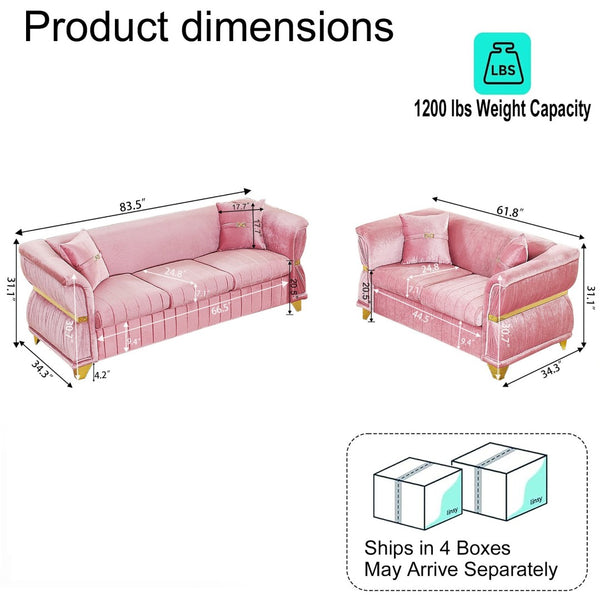 English Elm 2 Piece Blush Velvet Chesterfield Sofa Set Tufted Living Room Couch with Gold Trim Pink W1191S00157
