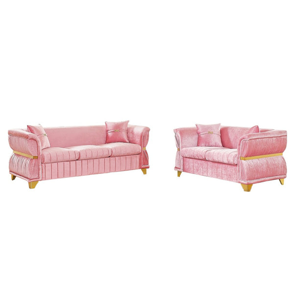 English Elm 2 Piece Blush Velvet Chesterfield Sofa Set Tufted Living Room Couch with Gold Trim Pink W1191S00157