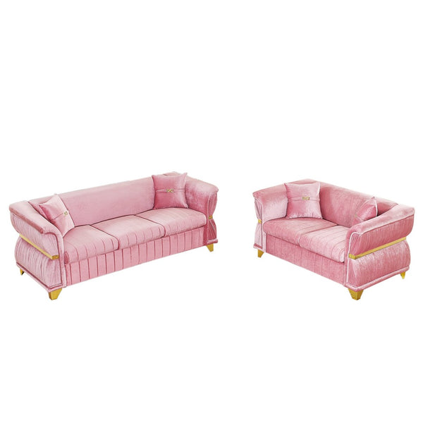 English Elm 2 Piece Blush Velvet Chesterfield Sofa Set Tufted Living Room Couch with Gold Trim Pink W1191S00157