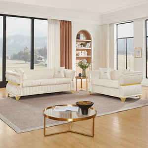 English Elm 2 Piece Blush Velvet Chesterfield Sofa Set Tufted Living Room Couch with Gold Trim Beige W1191S00158
