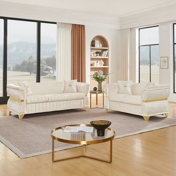 English Elm 2 Piece Blush Velvet Chesterfield Sofa Set Tufted Living Room Couch with Gold Trim Beige W1191S00158