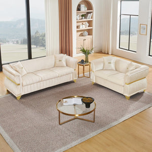 English Elm 2 Piece Blush Velvet Chesterfield Sofa Set Tufted Living Room Couch with Gold Trim Beige W1191S00158
