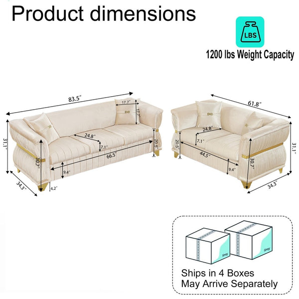 English Elm 2 Piece Blush Velvet Chesterfield Sofa Set Tufted Living Room Couch with Gold Trim Beige W1191S00158