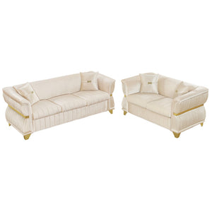 English Elm 2 Piece Blush Velvet Chesterfield Sofa Set Tufted Living Room Couch with Gold Trim Beige W1191S00158