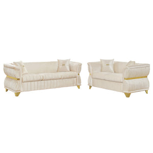 English Elm 2 Piece Blush Velvet Chesterfield Sofa Set Tufted Living Room Couch with Gold Trim Beige W1191S00158