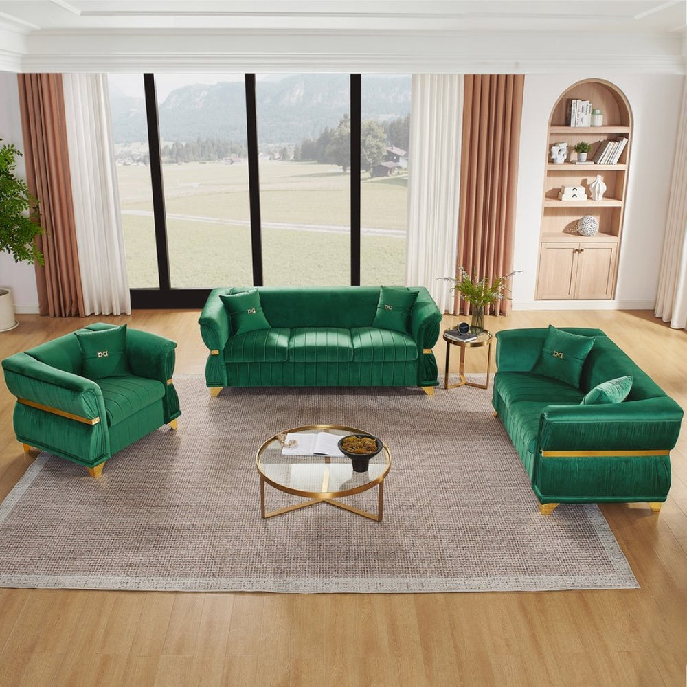 English Elm 3-piece Velvet Living Room Sofa Set with Gold Trim Curved Armrests Pleated Upholstery Green W1191S00159