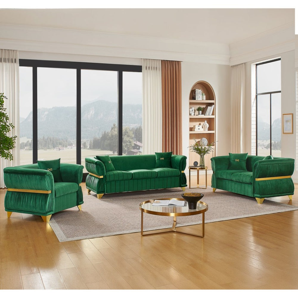 English Elm 3-piece Velvet Living Room Sofa Set with Gold Trim Curved Armrests Pleated Upholstery Green W1191S00159