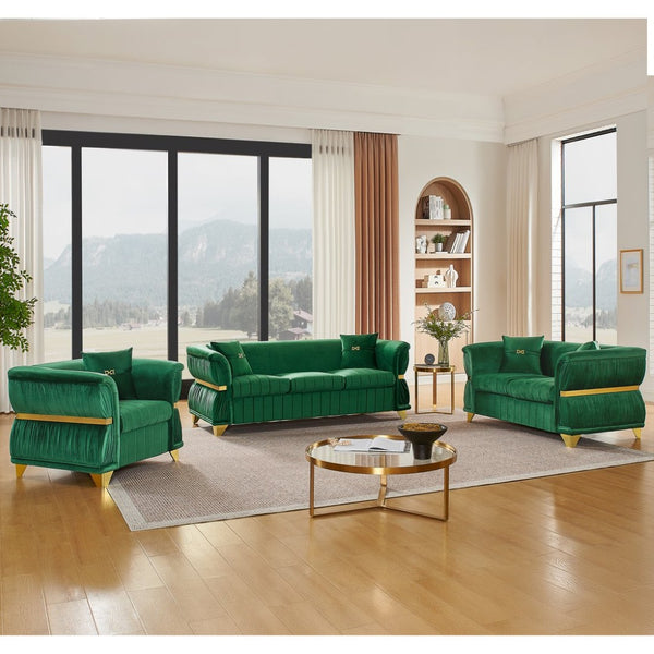 English Elm 3-piece Velvet Living Room Sofa Set with Gold Trim Curved Armrests Pleated Upholstery Green W1191S00159