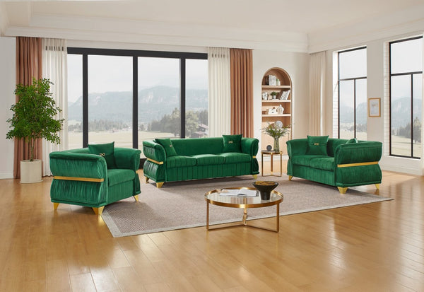 English Elm 3-piece Velvet Living Room Sofa Set with Gold Trim Curved Armrests Pleated Upholstery Green W1191S00159