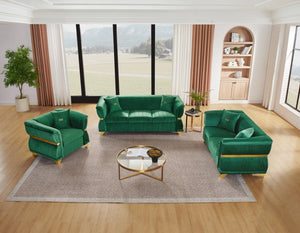 English Elm 3-piece Velvet Living Room Sofa Set with Gold Trim Curved Armrests Pleated Upholstery Green W1191S00159