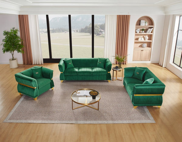 English Elm 3-piece Velvet Living Room Sofa Set with Gold Trim Curved Armrests Pleated Upholstery Green W1191S00159