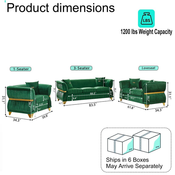 English Elm 3-piece Velvet Living Room Sofa Set with Gold Trim Curved Armrests Pleated Upholstery Green W1191S00159