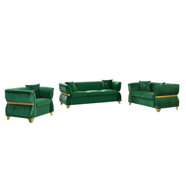 English Elm 3-piece Velvet Living Room Sofa Set with Gold Trim Curved Armrests Pleated Upholstery Green W1191S00159