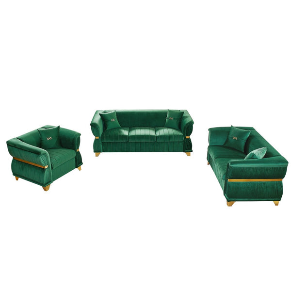 English Elm 3-piece Velvet Living Room Sofa Set with Gold Trim Curved Armrests Pleated Upholstery Green W1191S00159