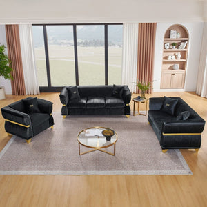 English Elm 3-piece Velvet Living Room Sofa Set with Gold Trim Curved Armrests Pleated Upholstery Black W1191S00160