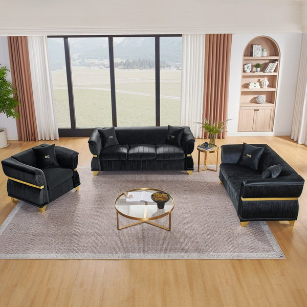 English Elm 3-piece Velvet Living Room Sofa Set with Gold Trim Curved Armrests Pleated Upholstery Black W1191S00160