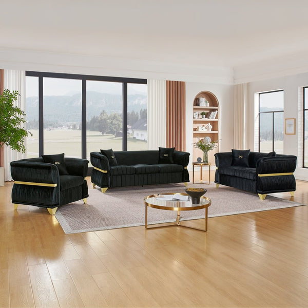 English Elm 3-piece Velvet Living Room Sofa Set with Gold Trim Curved Armrests Pleated Upholstery Black W1191S00160