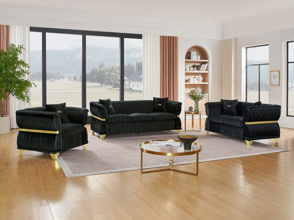 English Elm 3-piece Velvet Living Room Sofa Set with Gold Trim Curved Armrests Pleated Upholstery Black W1191S00160
