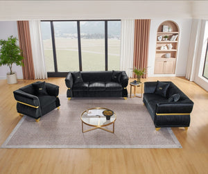 English Elm 3-piece Velvet Living Room Sofa Set with Gold Trim Curved Armrests Pleated Upholstery Black W1191S00160