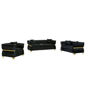 English Elm 3-piece Velvet Living Room Sofa Set with Gold Trim Curved Armrests Pleated Upholstery Black W1191S00160