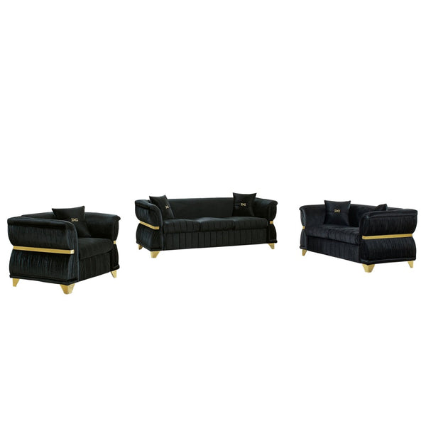 English Elm 3-piece Velvet Living Room Sofa Set with Gold Trim Curved Armrests Pleated Upholstery Black W1191S00160