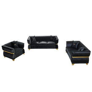 English Elm 3-piece Velvet Living Room Sofa Set with Gold Trim Curved Armrests Pleated Upholstery Black W1191S00160