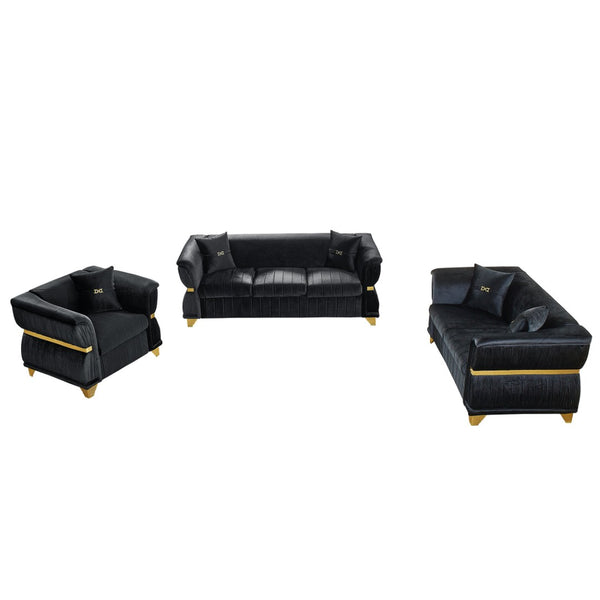 English Elm 3-piece Velvet Living Room Sofa Set with Gold Trim Curved Armrests Pleated Upholstery Black W1191S00160