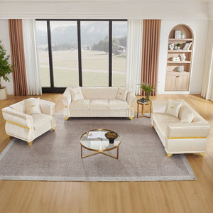 English Elm 3-piece Velvet Living Room Sofa Set with Gold Trim Curved Armrests Pleated Upholstery Beige W1191S00161