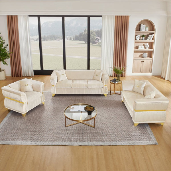 English Elm 3-piece Velvet Living Room Sofa Set with Gold Trim Curved Armrests Pleated Upholstery Beige W1191S00161