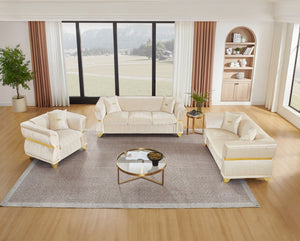 English Elm 3-piece Velvet Living Room Sofa Set with Gold Trim Curved Armrests Pleated Upholstery Beige W1191S00161