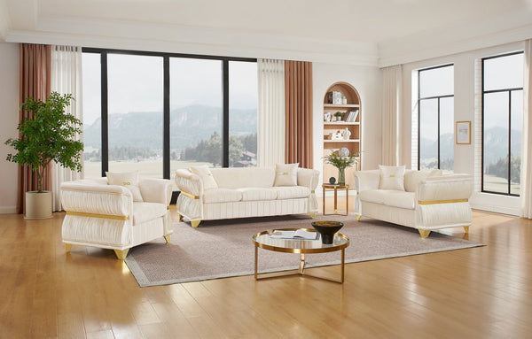 English Elm 3-piece Velvet Living Room Sofa Set with Gold Trim Curved Armrests Pleated Upholstery Beige W1191S00161