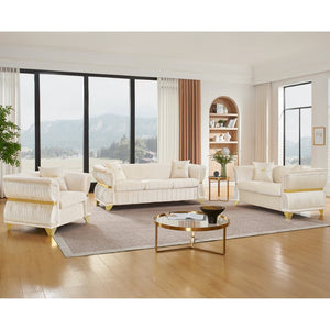 English Elm 3-piece Velvet Living Room Sofa Set with Gold Trim Curved Armrests Pleated Upholstery Beige W1191S00161