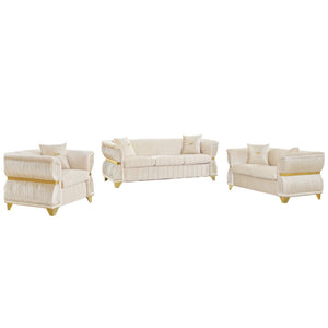 English Elm 3-piece Velvet Living Room Sofa Set with Gold Trim Curved Armrests Pleated Upholstery Beige W1191S00161