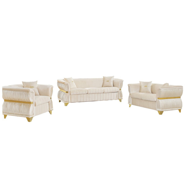 English Elm 3-piece Velvet Living Room Sofa Set with Gold Trim Curved Armrests Pleated Upholstery Beige W1191S00161