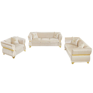 English Elm 3-piece Velvet Living Room Sofa Set with Gold Trim Curved Armrests Pleated Upholstery Beige W1191S00161