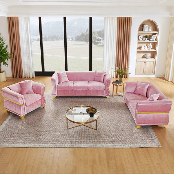 English Elm 3-piece Velvet Living Room Sofa Set with Gold Trim Curved Armrests Pleated Upholstery Pink W1191S00162
