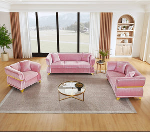 English Elm 3-piece Velvet Living Room Sofa Set with Gold Trim Curved Armrests Pleated Upholstery Pink W1191S00162