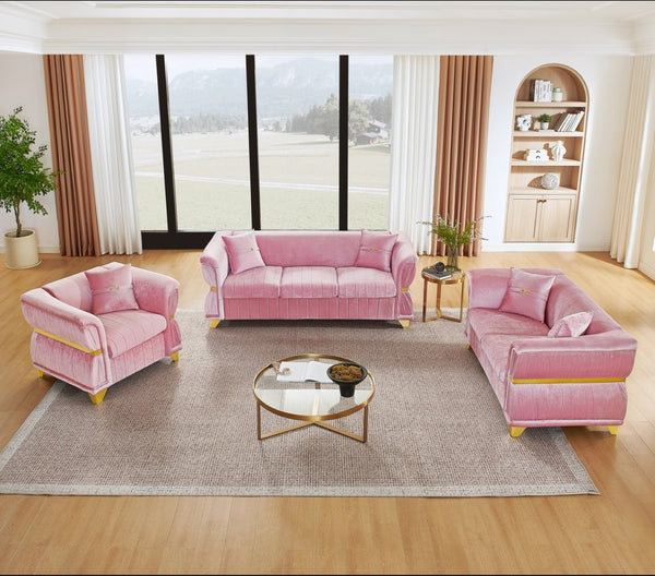 English Elm 3-piece Velvet Living Room Sofa Set with Gold Trim Curved Armrests Pleated Upholstery Pink W1191S00162