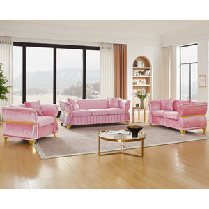 English Elm 3-piece Velvet Living Room Sofa Set with Gold Trim Curved Armrests Pleated Upholstery Pink W1191S00162