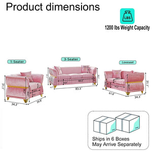 English Elm 3-piece Velvet Living Room Sofa Set with Gold Trim Curved Armrests Pleated Upholstery Pink W1191S00162